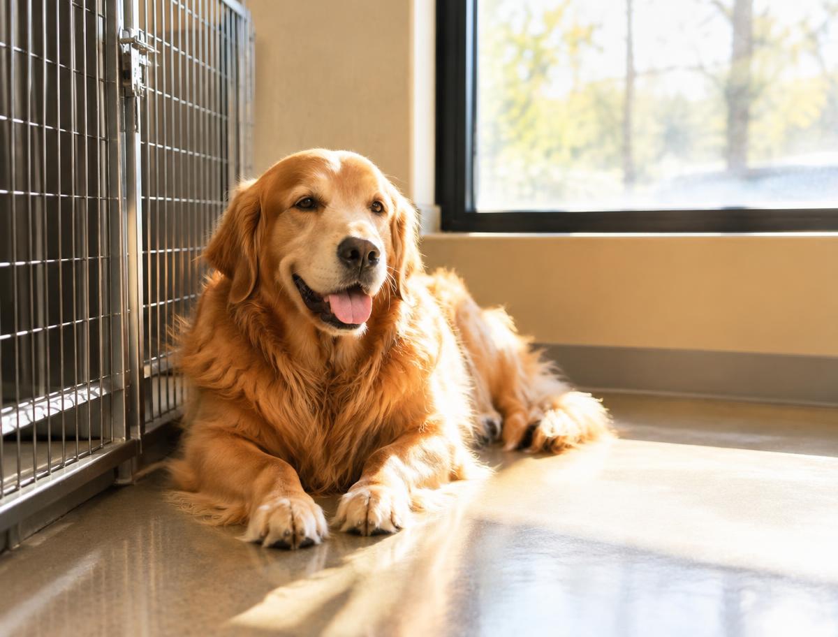Happy dog resting in a clean, sunny kennel