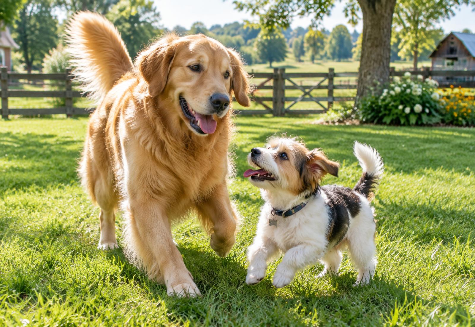 Dogs playing in a sunny fenced yard
